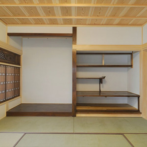 真壁の旧宅の思い出のある材料を再利用し和室を造作　畳は国産イグサ