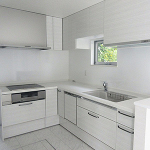 キッチン：大理石キッチントップとステンレスシルバーがスマートな、効率的なキッチン。