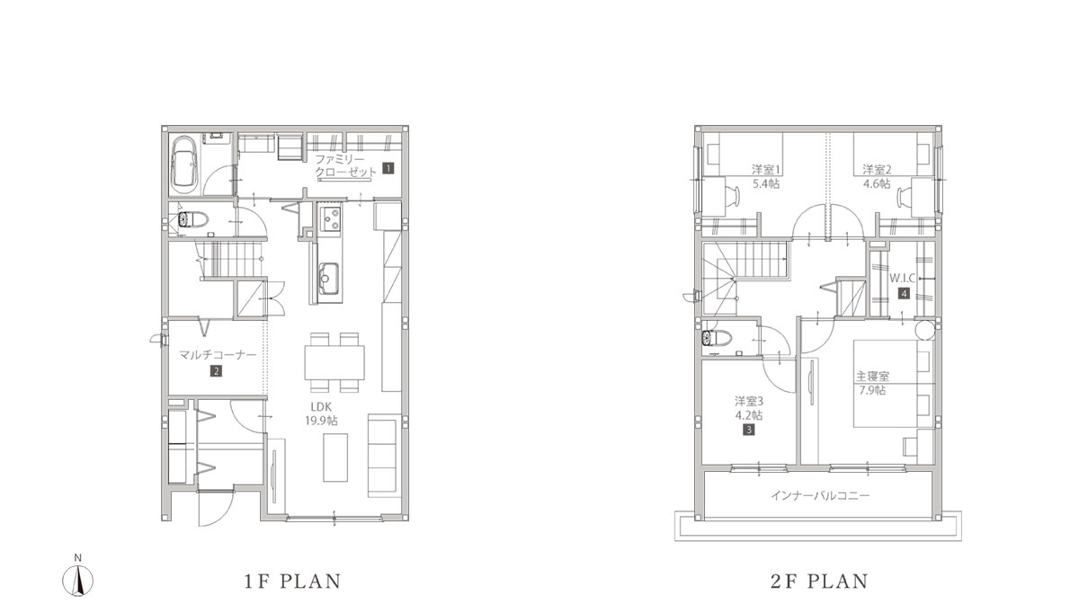 キッチンと洗面の間をつなぐファミリークローゼット、LDKと繋がる多用途のマルチコーナーで家事や子育てを楽にする工夫満載。2階は将来的に間取りを変更できるような工夫もみられ、家族のライフスタイルに合わせた4LDKの間取り図。
