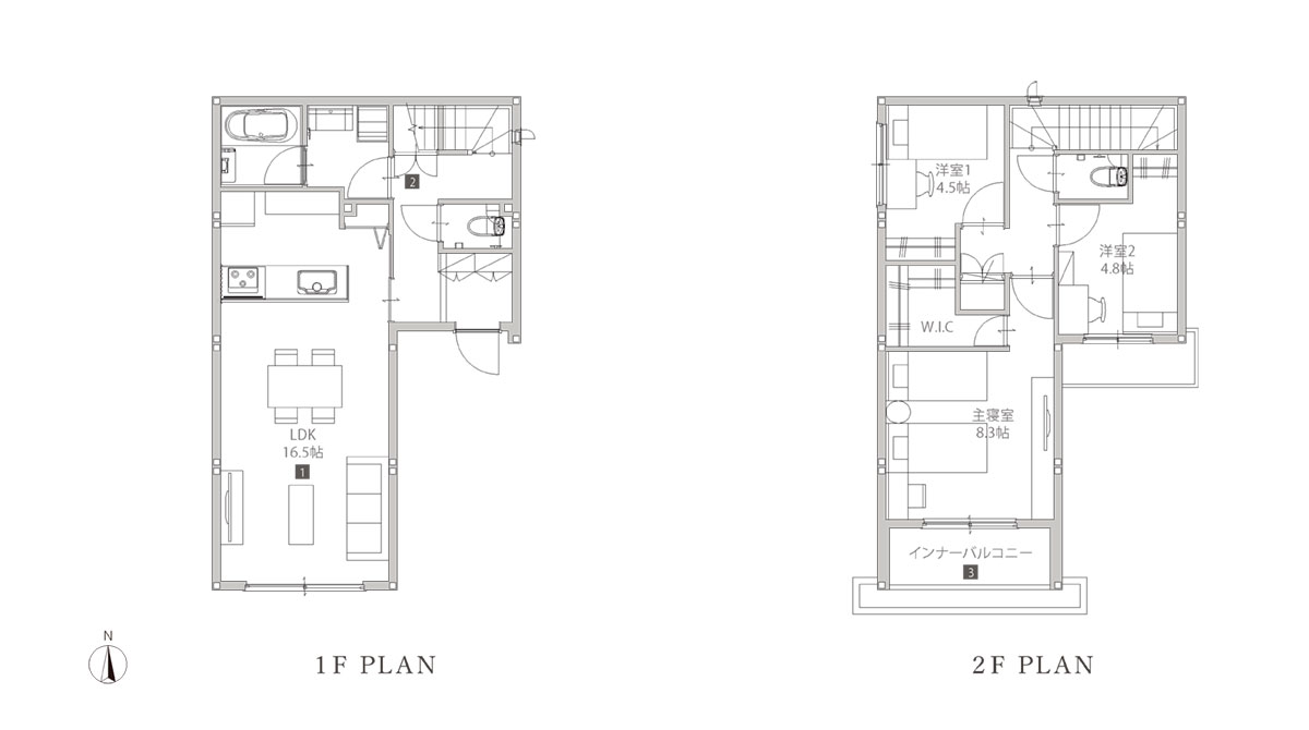 オープンキッチンで家族との会話が弾むLDK、その近くにはパントリー収納も完備、2階のインナーバルコニーでは天候を気にせずに活用できるスペースとして活躍します。キッチンと洗面そして階段の近い動線で日々の家事を効率的にする3LDKの間取り図。