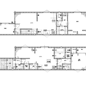 図面　細長い敷地に各部屋や収納などをしっかり納めスペースを有効活用した2世帯住宅